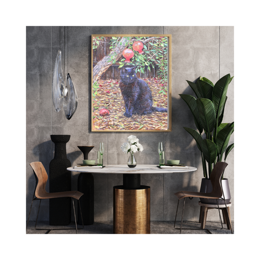 Black cat by pomegranate tree