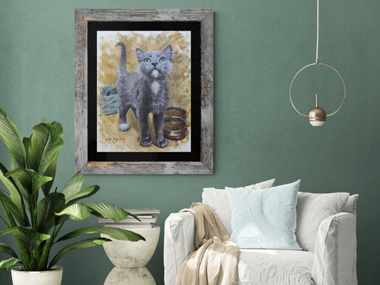 Grey kitty with a bowl of food